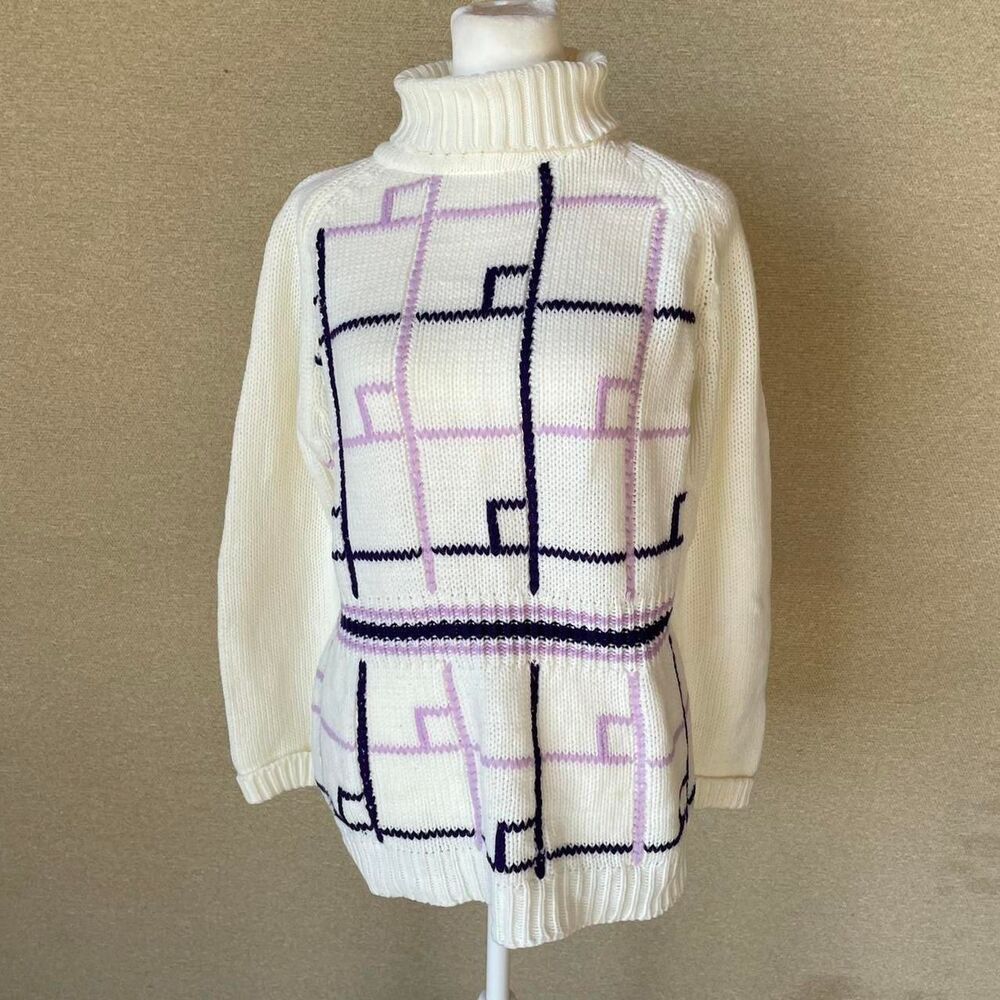 Vintage Women's Medium Cream & Purple Geometric Peplum Sweater Turtleneck READ